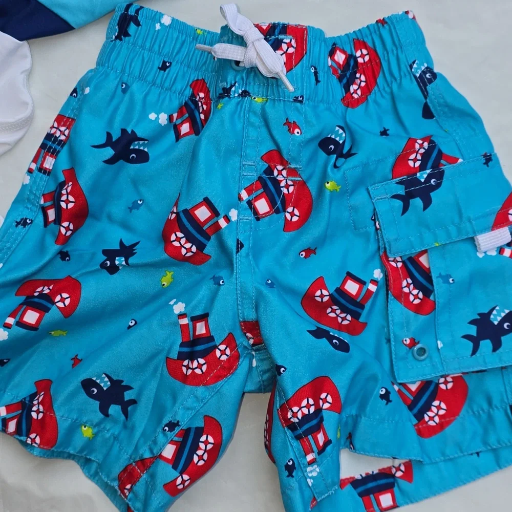 Wave Zone Toddler Boat Rash Guard & Swim Shorts Set - Turquoise, White, Red 18 M